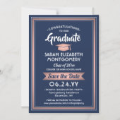 Abschluss Save the Date Navy Blue Pink Rose Gold Magneteinladung (Vorderseite)