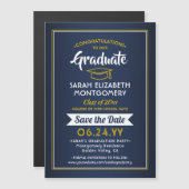 Abschluss Save the Date Navy Blue und Gold Yellow Magneteinladung (Vorne/Hinten)