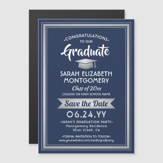 Abschluss Save the Date Navy Blue und White Magneteinladung (Vorne/Hinten)