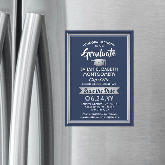 Abschluss Save the Date Navy Blue und White Magneteinladung