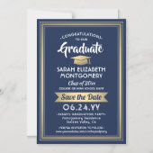 Abschluss Save the Date Navy Blue White und Gold Magneteinladung (Vorderseite)