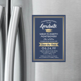 Abschluss Save the Date Navy Blue White und Gold Magneteinladung