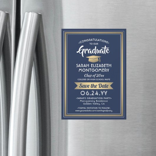 Abschluss Save the Date Navy Blue White und Gold Magneteinladung