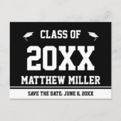 Abschluss Save the Date Schwarz-Weiß-Grad-Name Ankündigungspostkarte (Vorderseite)