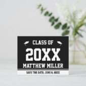 Abschluss Save the Date Schwarz-Weiß-Grad-Name Ankündigungspostkarte (Stehend Vorderseite)