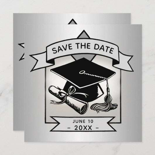 Abschluss Save the Date Silver Grad Cap Elegant Ankündigung (Vorne/Hinten)