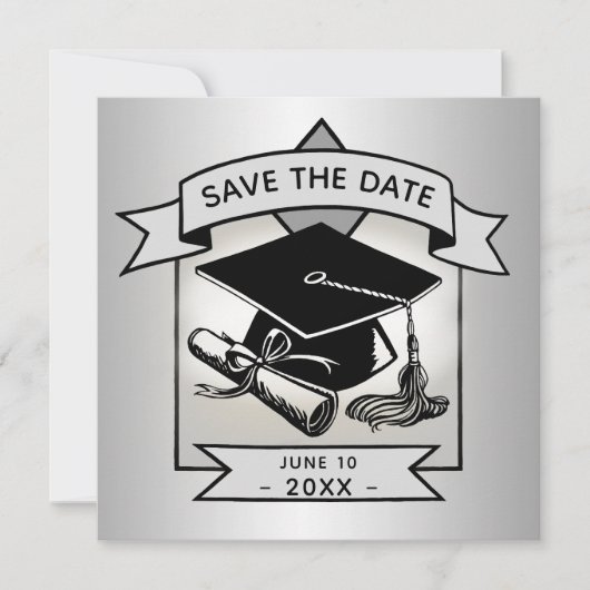 Abschluss Save the Date Silver Grad Cap Elegant Ankündigung (Vorderseite)