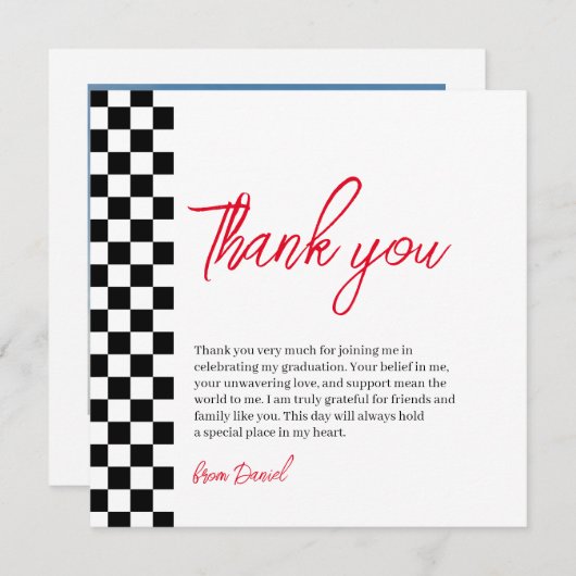 Abschluss schwarz-weiß Checked Danke Karte (Vorne/Hinten)