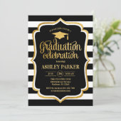 Abschluss - Schwarz-weiße Streifen Einladung (Stehend Vorderseite)