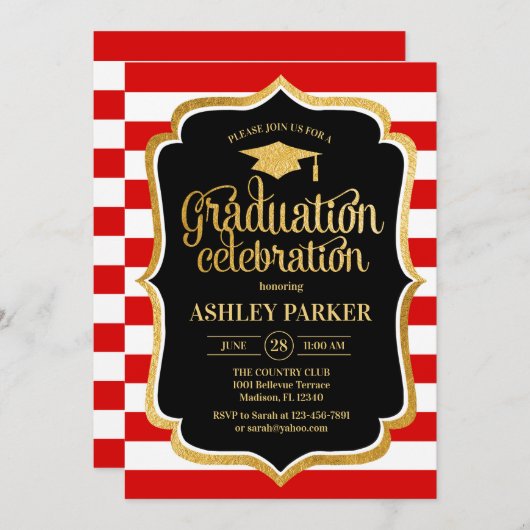 Abschluss - Schwarz-Weiße Streifen Einladung (Vorne/Hinten)