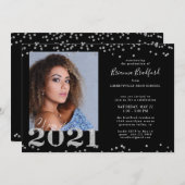Abschluss Script 2021 Silver Glitzer Foto Black Einladung (Vorne/Hinten)