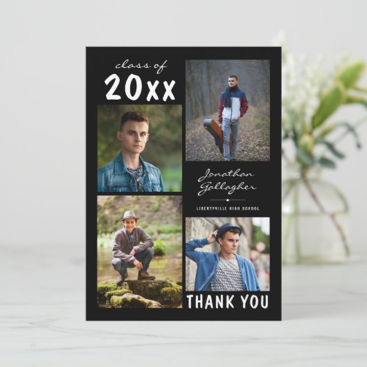Abschluss Script Bold Foto Collage Black Dankeskarte (Stehend Vorderseite)
