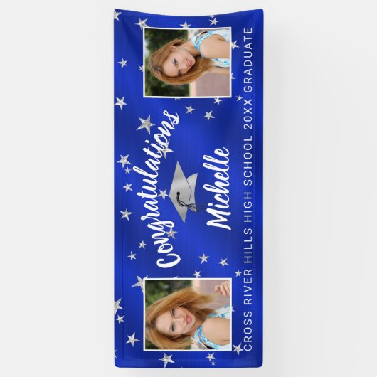 Abschluss Script Foto Royal Blue Silver Stars Banner (Vertikal)