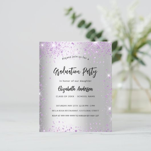 Abschluss silber violett lila Einladung (Stehend Vorderseite)