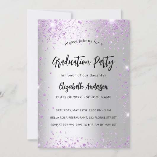 Abschluss silber violett lila Glitzern Einladung (Vorderseite)
