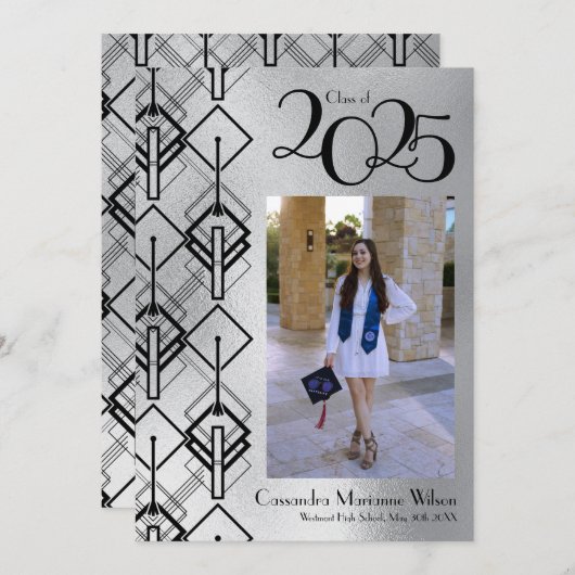 Abschluss Silver Art Deco Schwarz Ankündigung (Vorne/Hinten)