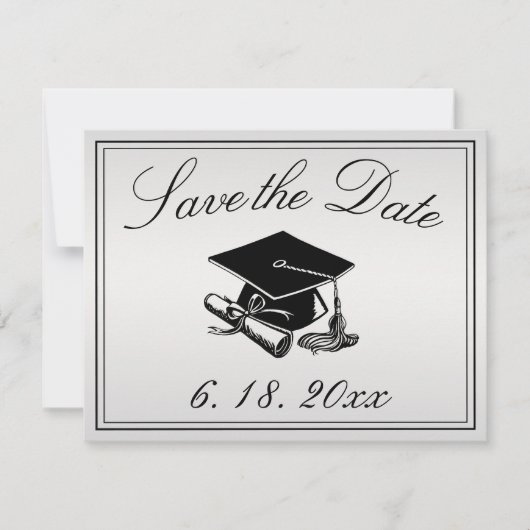 Abschluss Silver Black Cap Diploma Save the Date Ankündigung (Vorderseite)