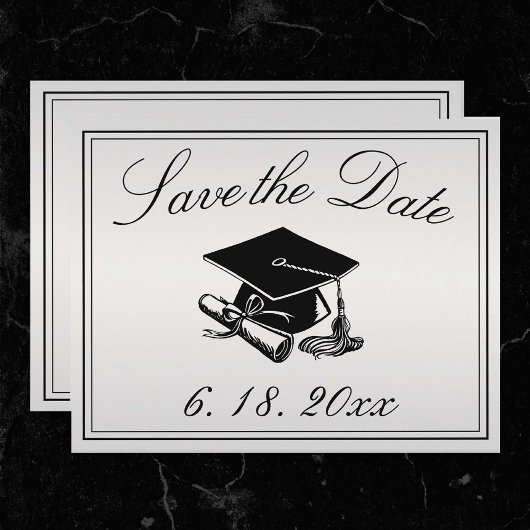 Abschluss Silver Black Cap Diploma Save the Date Ankündigung