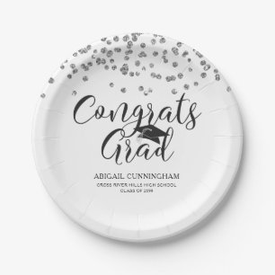 Abschluss Silver Confetti Script GLÜCKWUNSCHS GRAD Pappteller