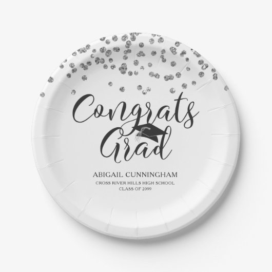 Abschluss Silver Confetti Script GLÜCKWUNSCHS GRAD Pappteller (Vorderseite)