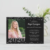 Abschluss Silver Glitzer Confetti Black Einladung (Stehend Vorderseite)