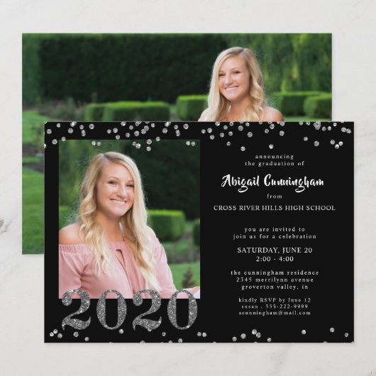 Abschluss Silver Glitzer Confetti Black Einladung (Vorne/Hinten)