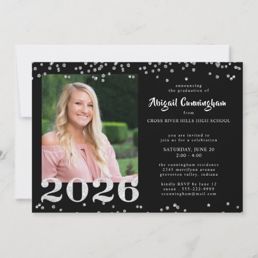 Abschluss Silver Glitzer Confetti Black Einladung (Vorderseite)