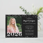 Abschluss Silver Glitzer Confetti Black Einladung (Stehend Vorderseite)