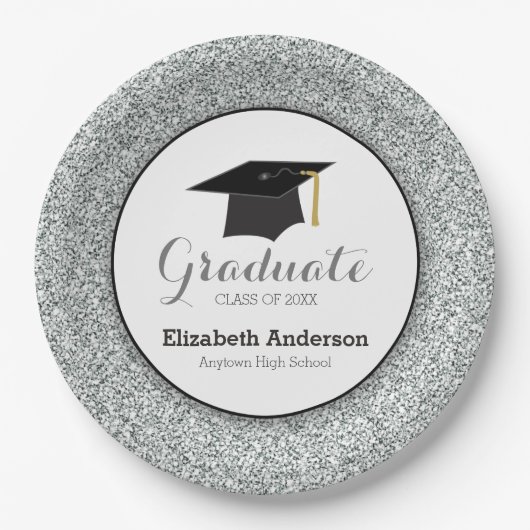 Abschluss Silver Glitzer Mortarboard Pappteller (Vorderseite)