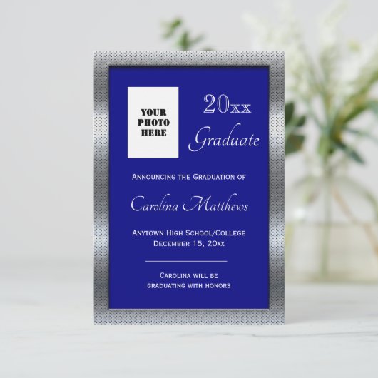 Abschluss Silver Metal Frame Blue Abschluss Ankündigung (Stehend Vorderseite)