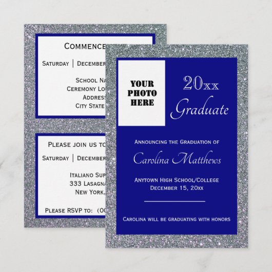 Abschluss Silver Sparkle Navy Blue Ankündigung (Vorne/Hinten)