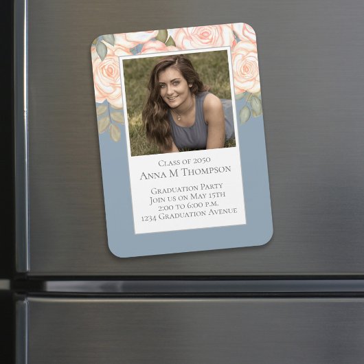 Abschluss Simple Foto Floral Rose Dusty Blue Magnet