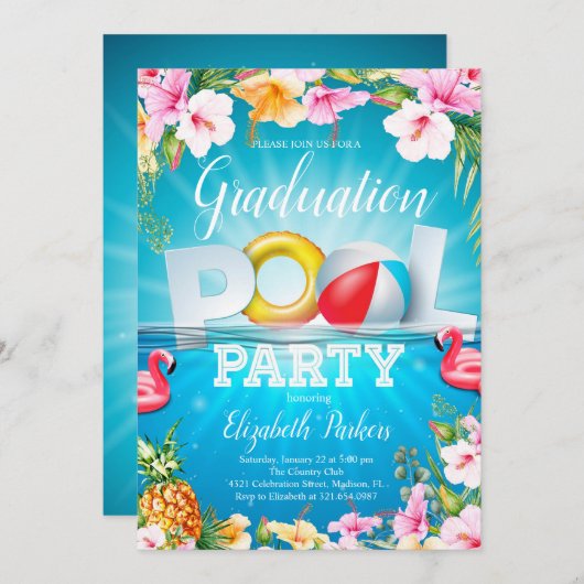 Abschluss Summer Pool Party Einladung (Vorne/Hinten)