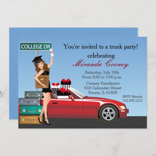 Abschluss Trunk Party Brünette Uni weg Einladung (Vorne/Hinten)