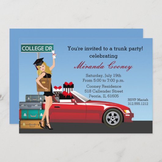 Abschluss Trunk Party Uni weg Blonde Einladung (Vorne/Hinten)