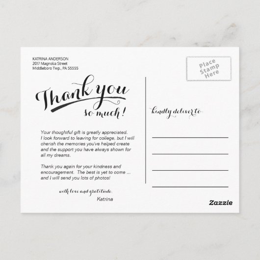 Abschluss Vielen Dank, dass Sie ein handgeschriebe Postkarte (Rückseite)