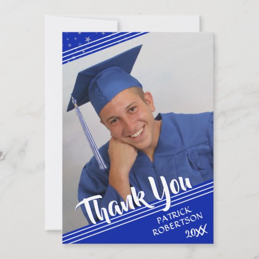 Abschluss Vielen Dank Royal Blue Brush Script Foto Einladung (Vorderseite)