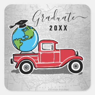 Abschluss Vintag Red Truck Grad Cap World Globe Quadratischer Aufkleber