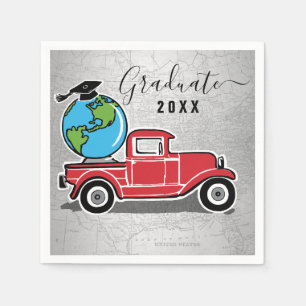 Abschluss Vintag Red Truck Grad Cap World Globe Serviette