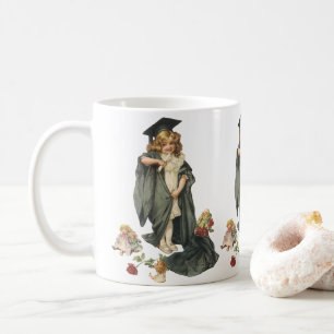 Abschluss Vintage, Mädchen mit Abschlussmütze und Kaffeetasse