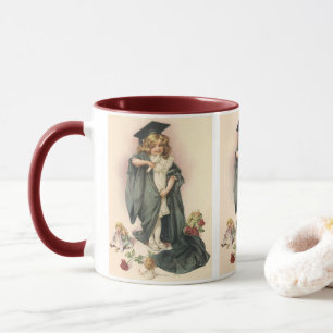Abschluss Vintage, Mädchen mit Abschlussmütze und  Tasse