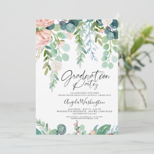 Abschluss Watercolor Greenery Chic Script Party Ankündigung (Stehend Vorderseite)