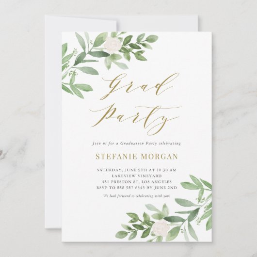 Abschluss "Watercolor Greeney and White Blume" Einladung (Vorderseite)