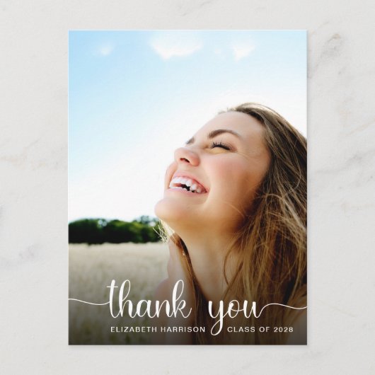 Abschluss White Script Foto Overlay Vielen Dank Postkarte (Vorderseite)