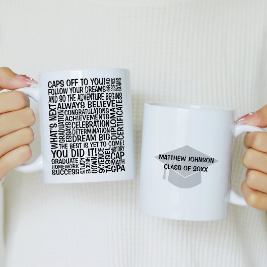 Abschluss Word Cloud mit Mortorboard Kaffeetasse