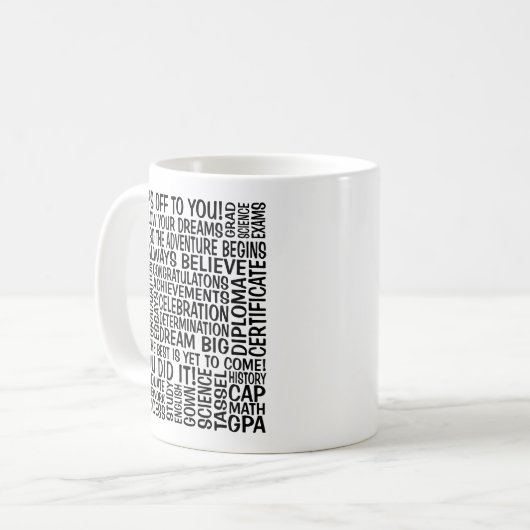 Abschluss Word Cloud mit Mortorboard Kaffeetasse (Vorderseite Links)