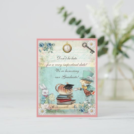 Abschluss-wütendes Hutmacher-Tee-Party Einladung (Stehend Vorderseite)