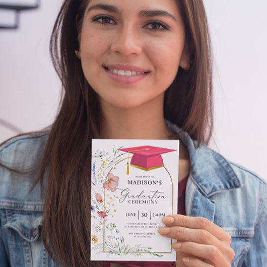 Abschluss Zeremonie Wildblumen Pink Grad Hat Einladung