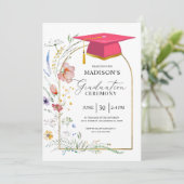 Abschluss Zeremonie Wildblumen Pink Grad Hat Einladung (Stehend Vorderseite)