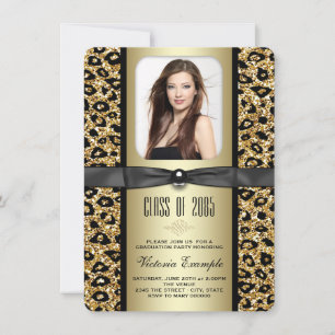 Abschlussanzeige mit goldenem Glitter-Leopard Einladung